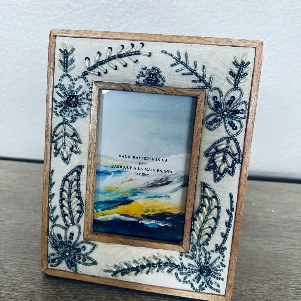 Boho Floral Beaded Fabric Indian Wood Picture Frame 4x6